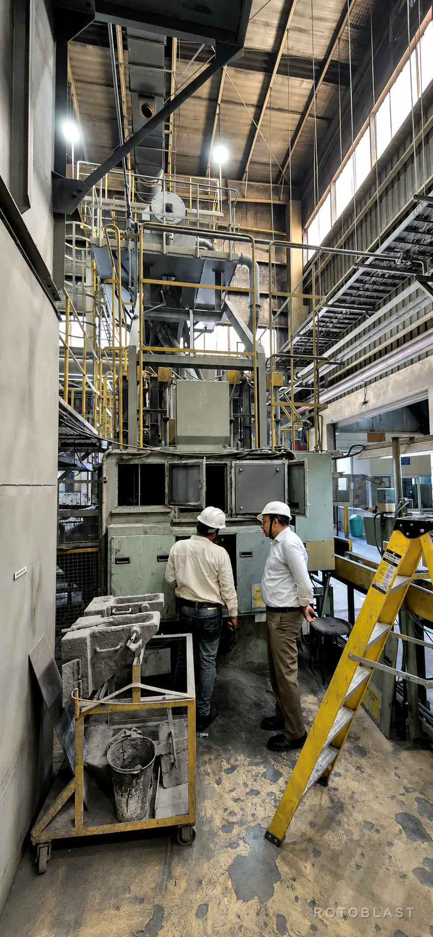 Rotoblast engineers inspecting a shot blasting machine installed on a customer factory floor